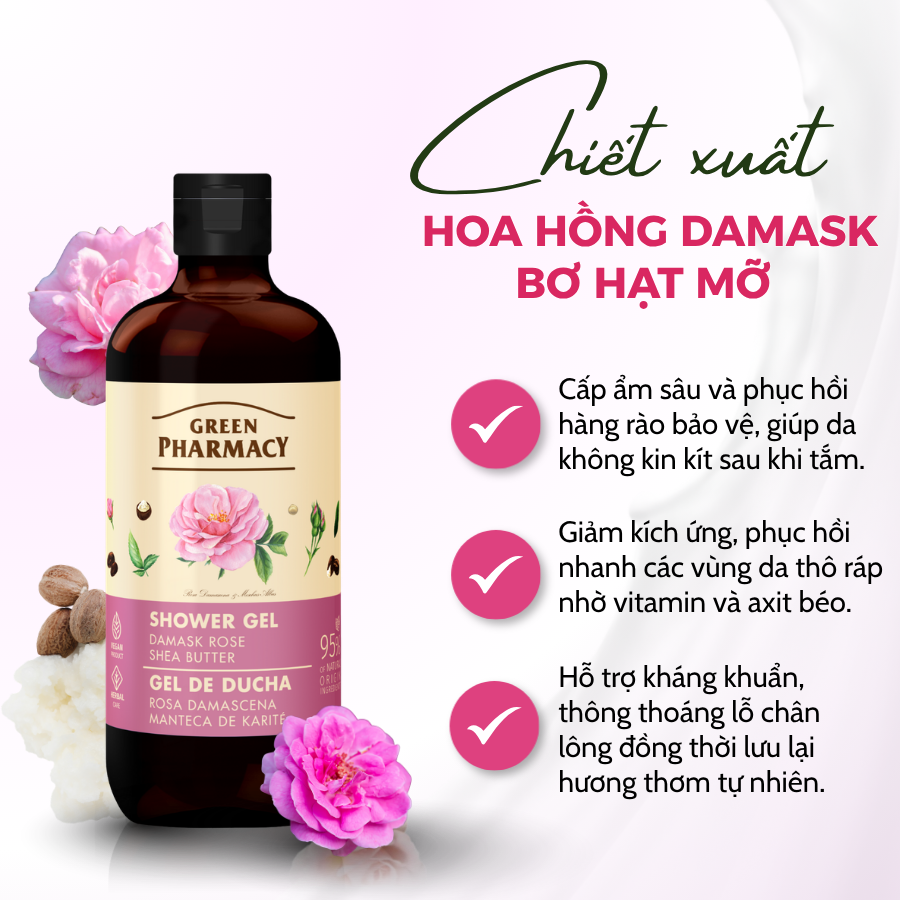 Sữa Tắm Dạng Gel Green Pharmacy Hương Hoa Hồng Damask Bơ Hạt Mỡ 500ml Dịu Nhẹ Cho Mọi Loại Da - Ảnh 2