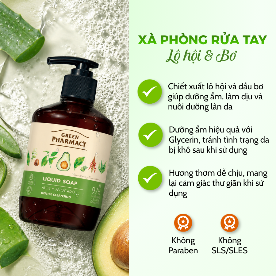Xà Phòng Rửa Tay Thiên Nhiên Green Pharmacy Chiết Xuất Lô Hội Và Dầu Bơ 460ml Dạng Túi Thay Thế - Ảnh 3